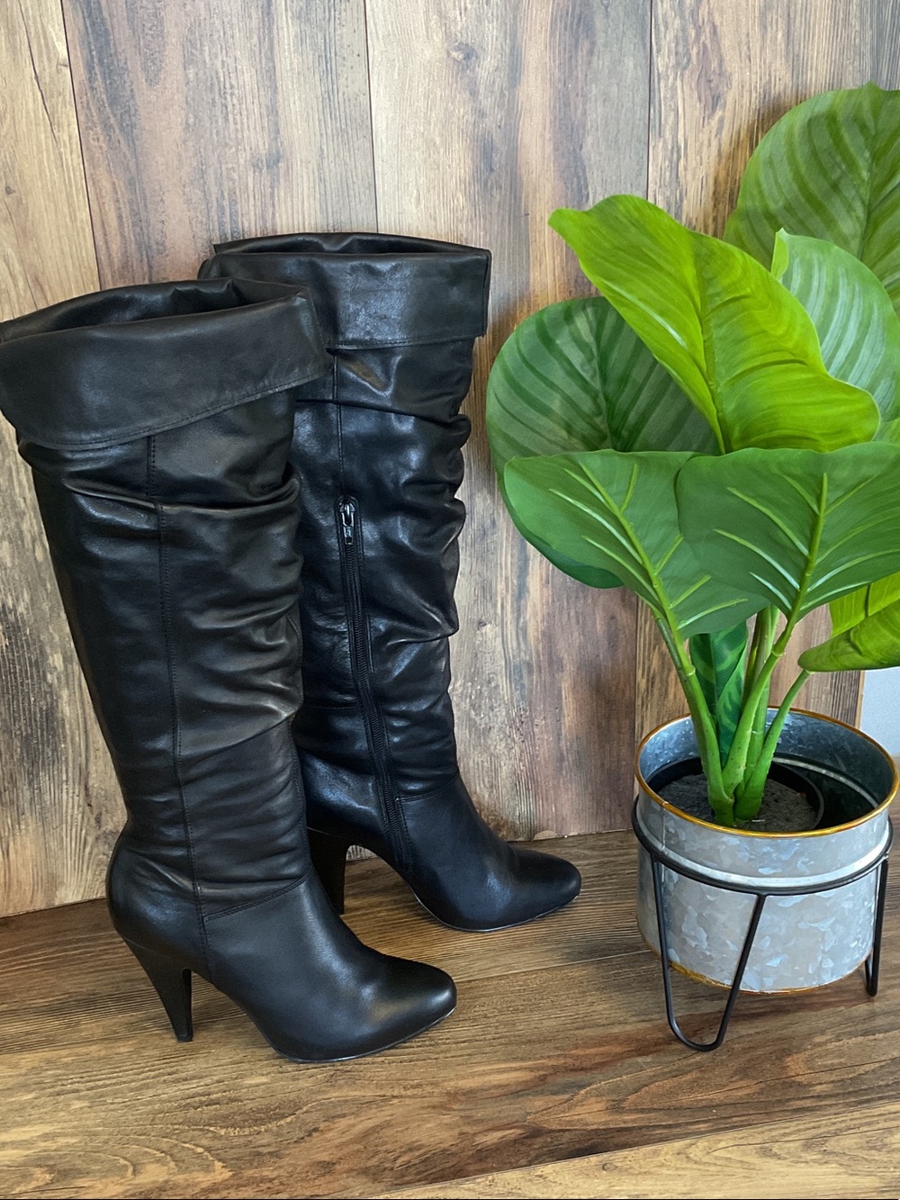 Aldo Black Leather Fold Knee High Side Zip Stingle-97 Boots EU40 US9